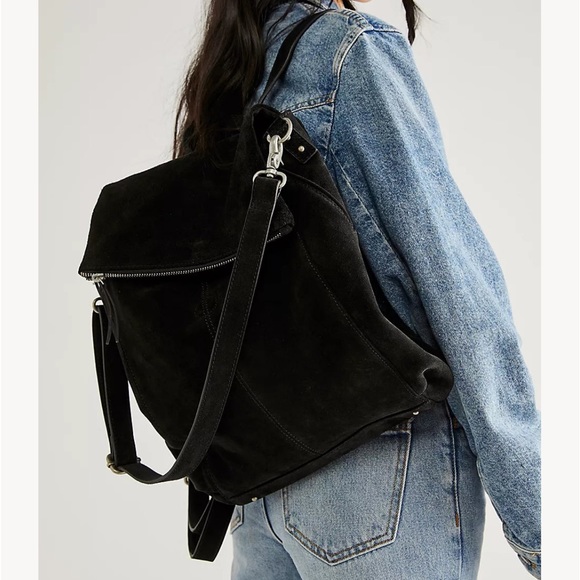 Free People Camilla Black Suede Leather Convertible Backpack| Hobo Slouch Bag - Picture 2 of 9